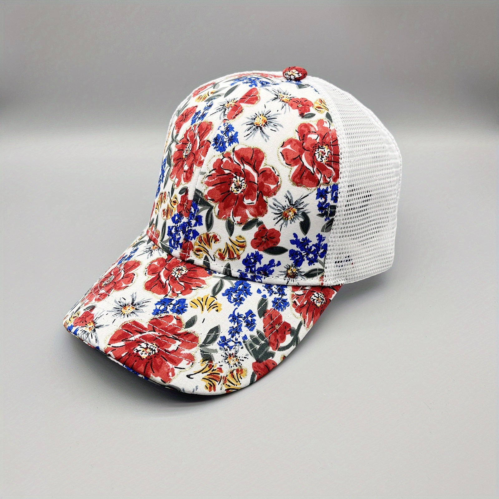 Red Flower Print Trucker Hat Vintage Hot Stamping Sunshade Baseball Cap