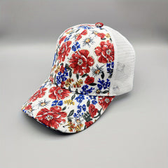 Red Flower Print Trucker Hat Vintage Hot Stamping Sunshade Baseball Cap