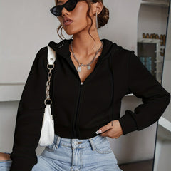 Solid Zipper Front Crop Hoodie Casual Long Sleeve Hoodies