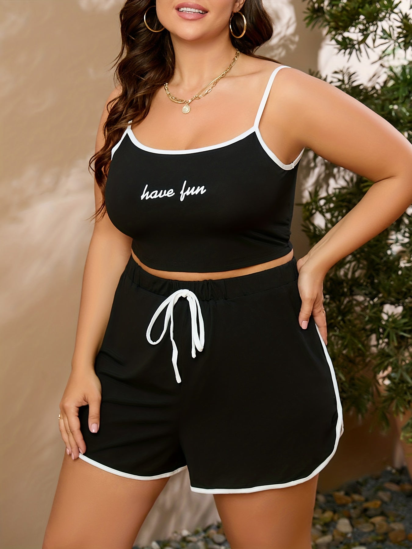 Women's Plus Cami Crop Top & Drawstring Shorts Set