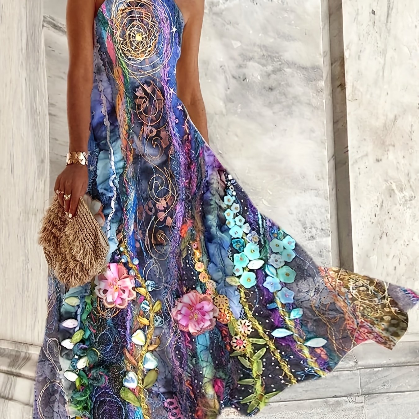 Floral Print Halter Maxi Dress Sleeveless Casual Dress