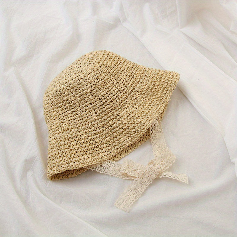 Kids Straw Sun Hat Crochet Lace Tie Fisherman Hat