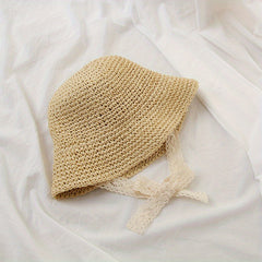 Kids Straw Sun Hat Crochet Lace Tie Fisherman Hat