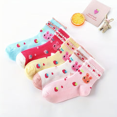 5 Pairs Baby Girls Cartoon Rabbit Strawberry Crew Socks Warm Winter