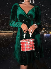 Velvet Ruched Long Sleeve V Neck A line Dress