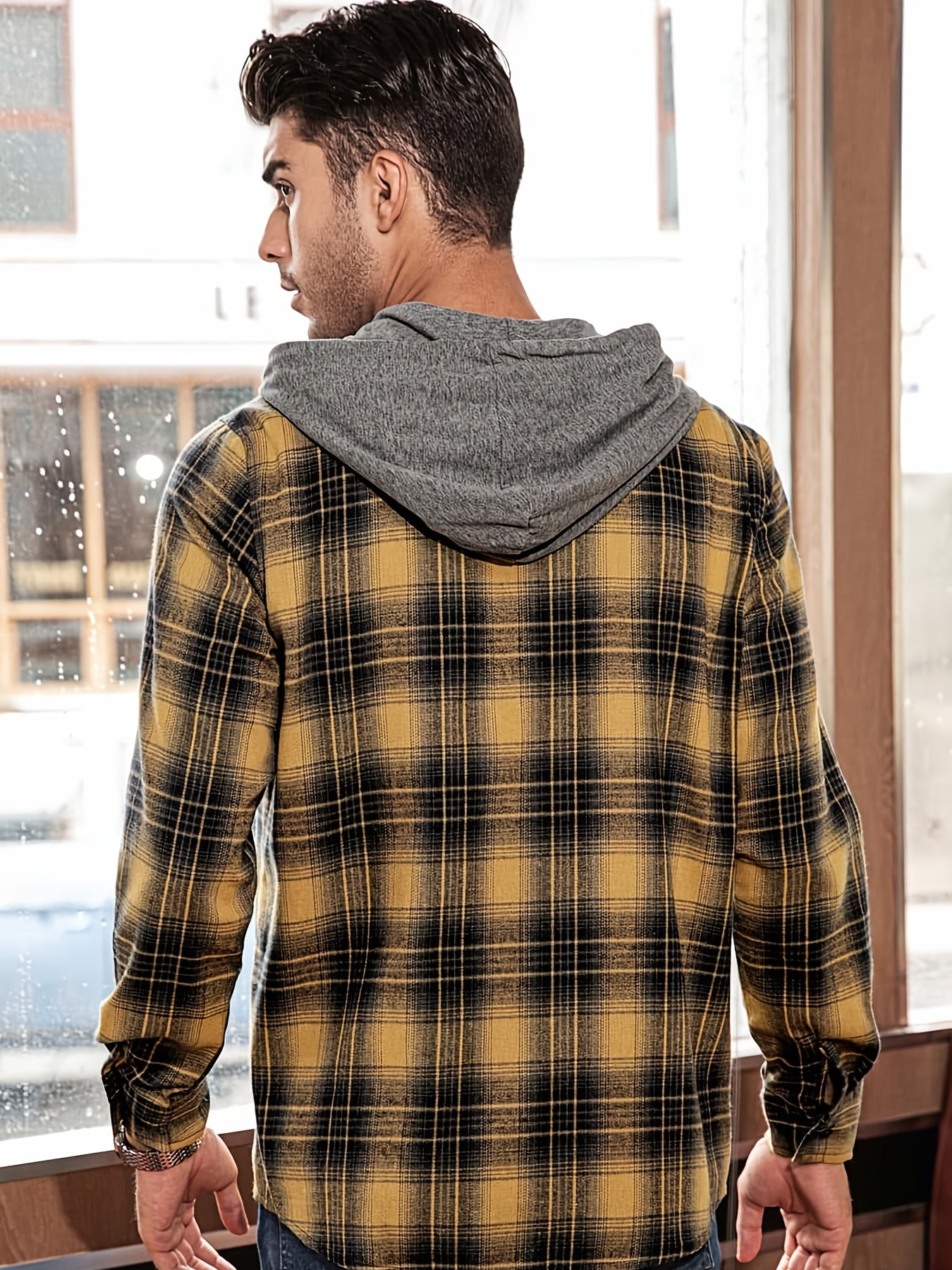 Plaid Print Men's Casual Button Up Long Sleeve Hooded Shirt