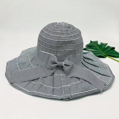 Striped Bucket Hat Wide Brim Bowknot Decor UV Protection Travel Beach Hat