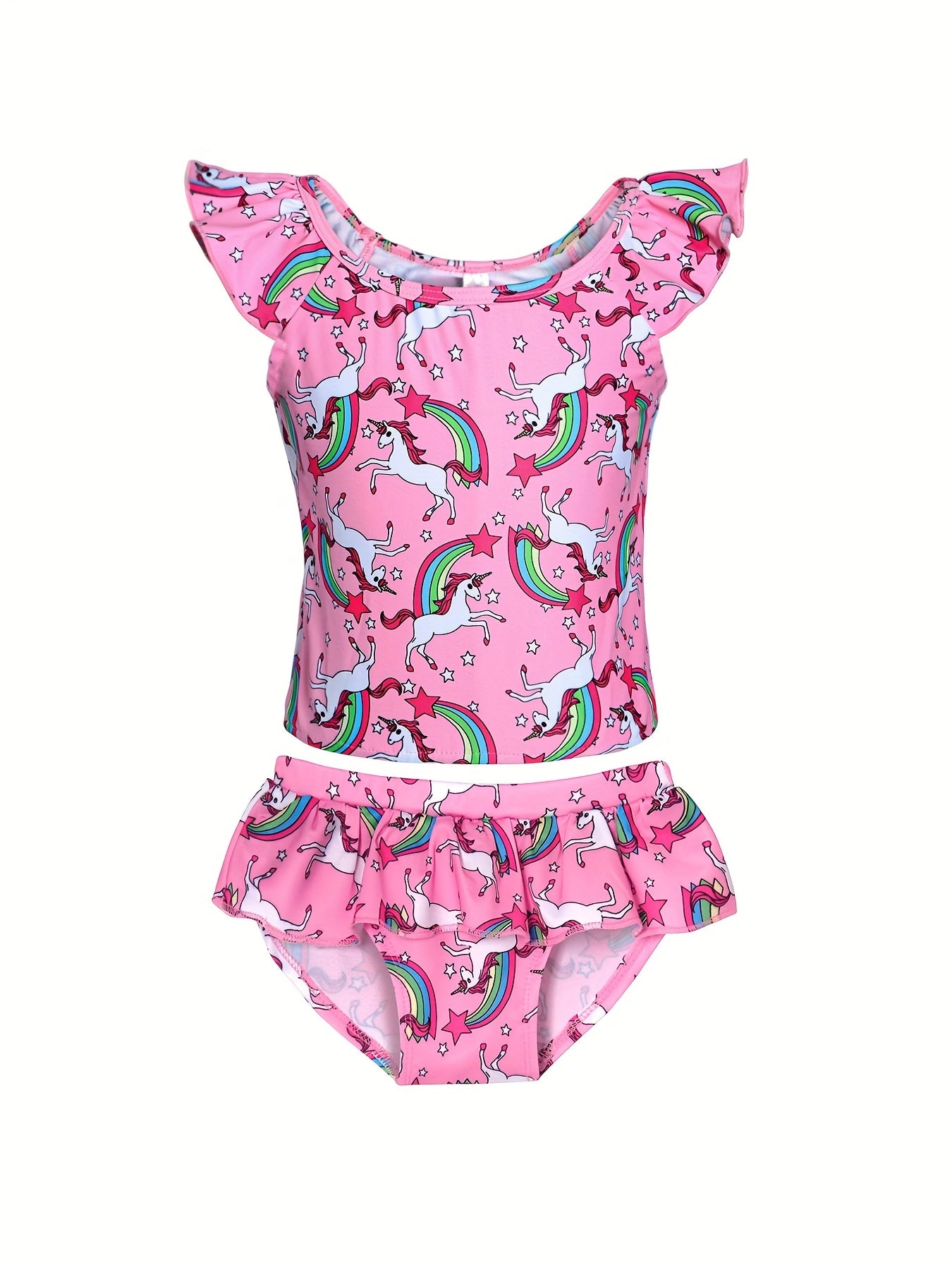 Girls Unicorn Bikini Tankini Swimsuit Ruffle Trim Top & Shorts Set