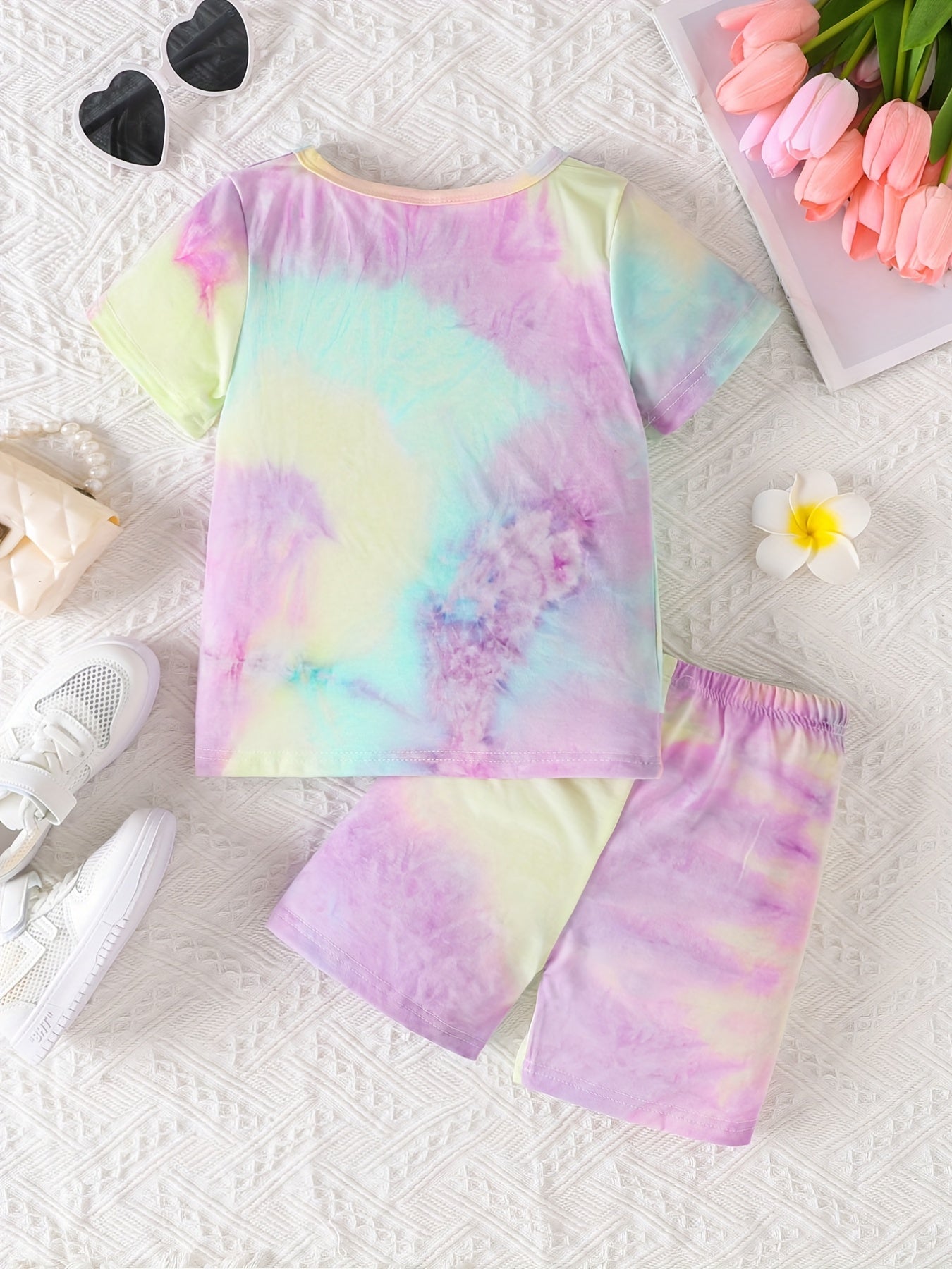 2pcs Girls Rainbow Tie Dye T Shirts & Shorts Set Kids Summer Clothes