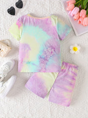 2pcs Girls Rainbow Tie Dye T Shirts & Shorts Set Kids Summer Clothes