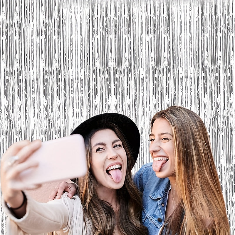 2 Pack Silvery Tinsel Curtain Party Backdrop Metallic Foil Fringe Door Fringe