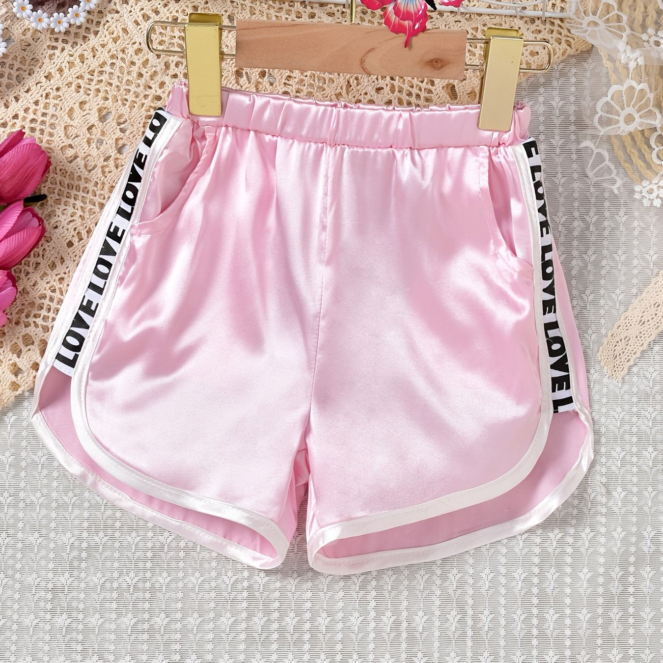 Girls Pink LOVE Print Patchwork Shorts Kids Summer Clothes