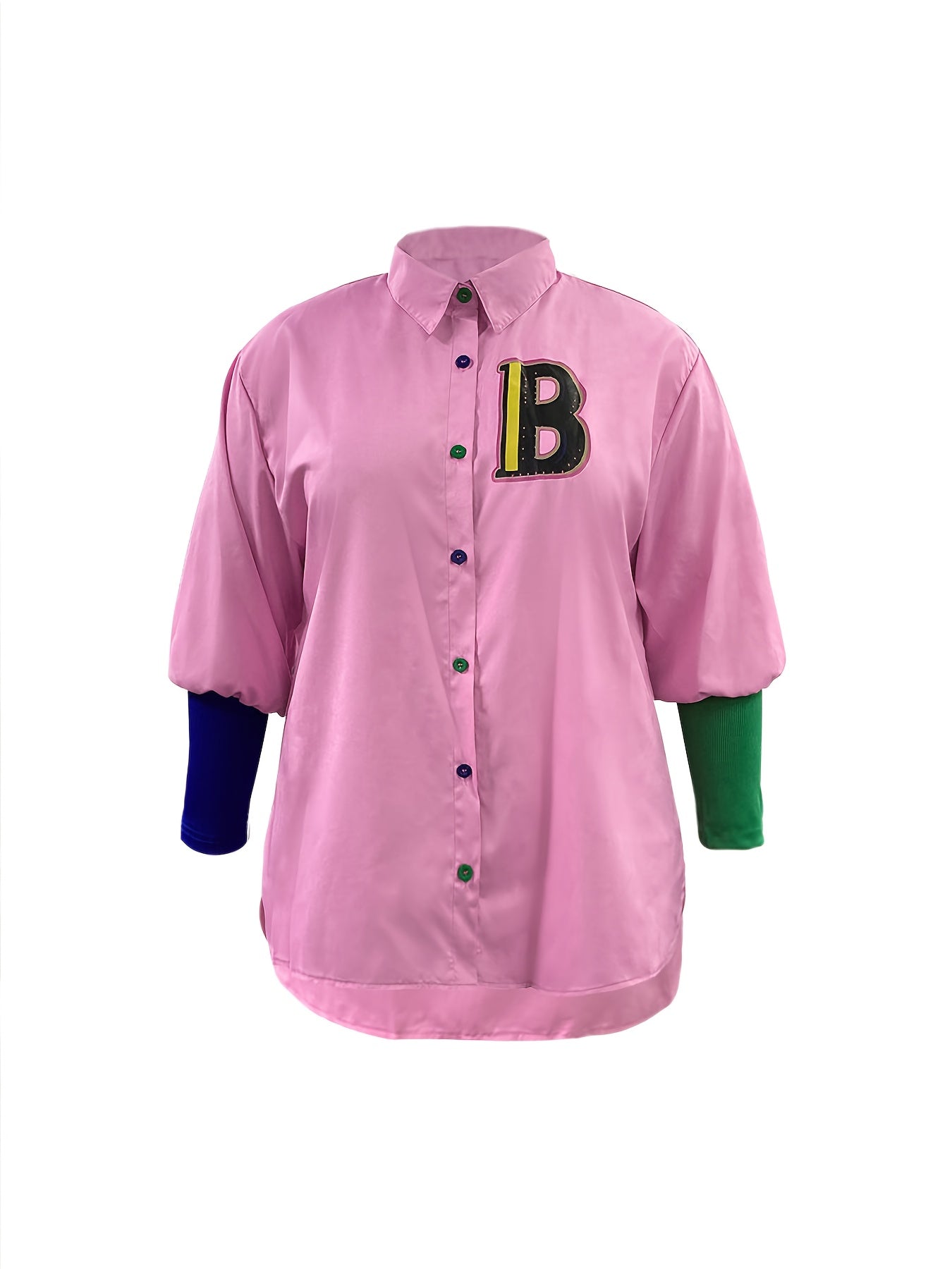 Casual Blouse Women Letter Print Colorblock Lantern Sleeve