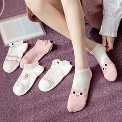 5 Pairs Women's Pink Kitty Crew Socks