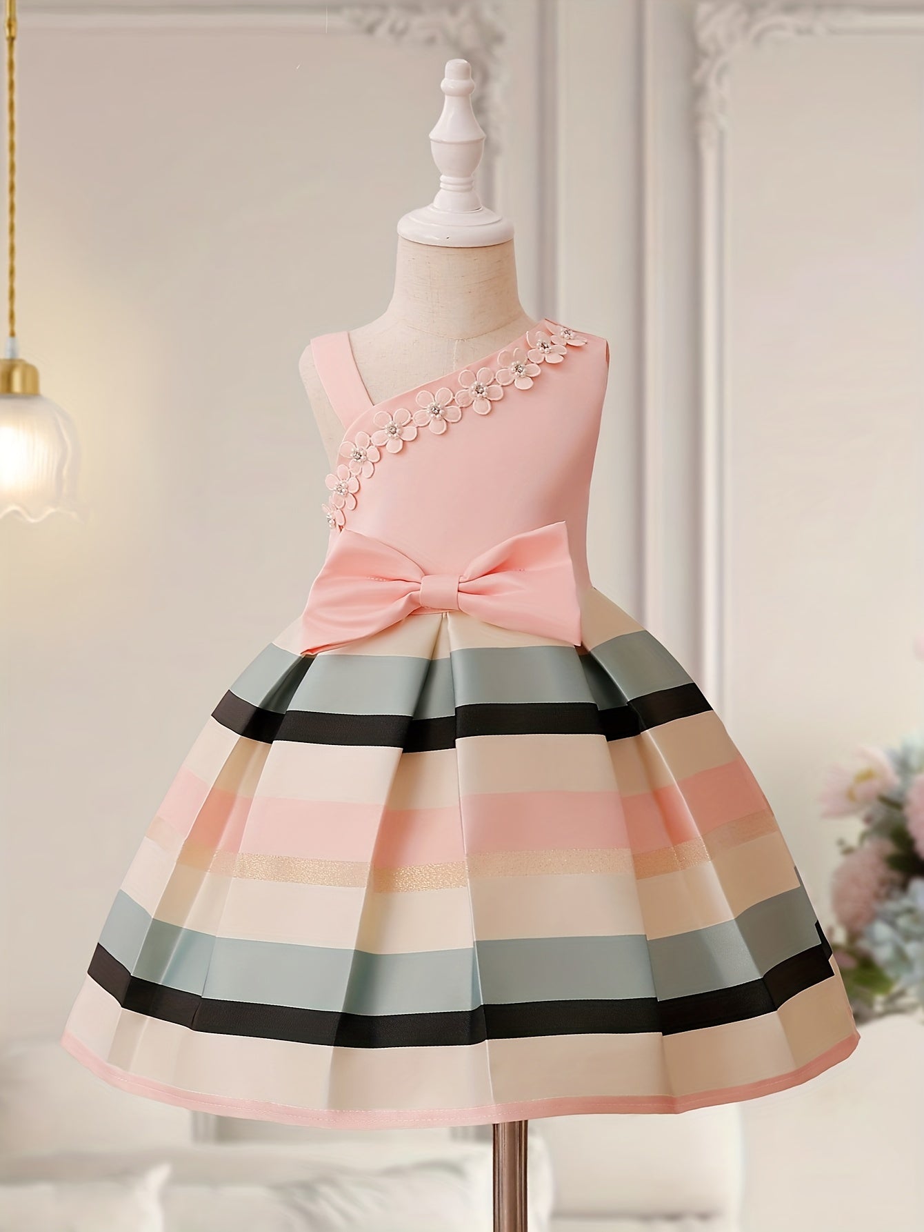 Toddler Girls One Shoulder Flowers Bow Stripe Princess Dress Gown