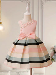 Toddler Girls One Shoulder Flowers Bow Stripe Princess Dress Gown