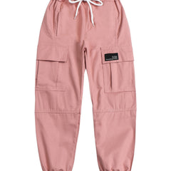 Girls Cargo Pants Elastic Waist Drawstring Loose Tapered Pockets Jogger Pants