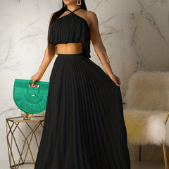 Pleated Two-Piece Set Spaghetti Top & Maxi Skirt Women's Outfit