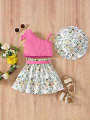 3pcs Toddler Girls Bow Crop Tank Top & Floral Skirt Set for Party