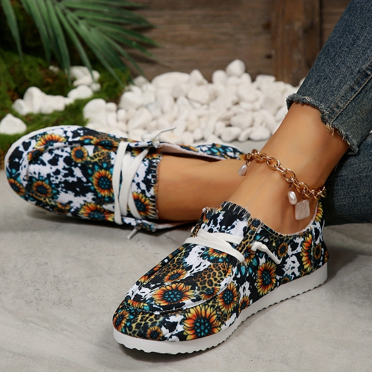 Women's Sunflower Print Canvas Shoes Casual Lace Up Outdoor Shoes