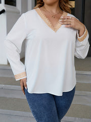 Colorblock Lace Long Sleeve V Neck Casual Blouse