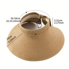 Foldable Straw Visor Hat with Bowknot Wide Brim for Women