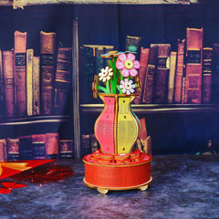 Wooden Puzzle Model Vase Music Box - 3D DIY Building Blocks Flower Ornament