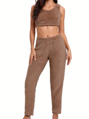 Fuzzy Lounge Set Crew Neck Tank Top & Elastic Waistband Pants Women's Loungewear