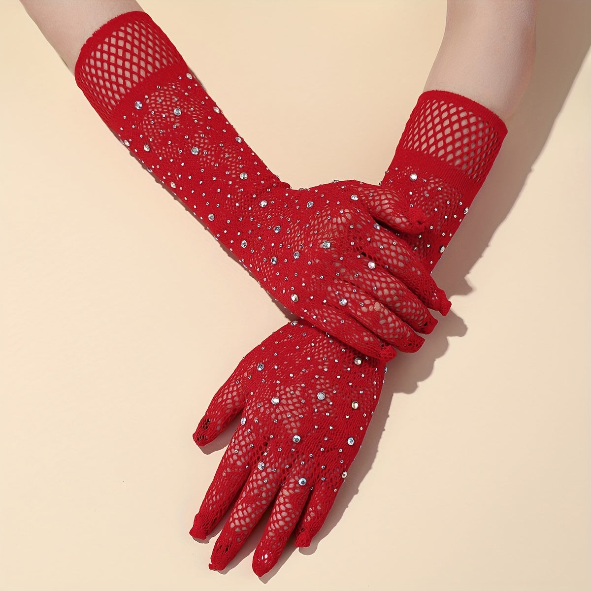 Red Fishnet Gloves with Rhinestone for Wedding Party