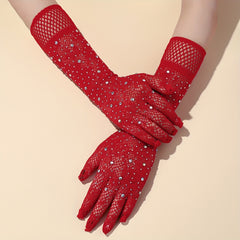 Red Fishnet Gloves with Rhinestone for Wedding Party