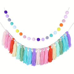 Bohemian Fringe Wreath Wood Bead Wall Hanging Pomm Pomm Ball Decorated