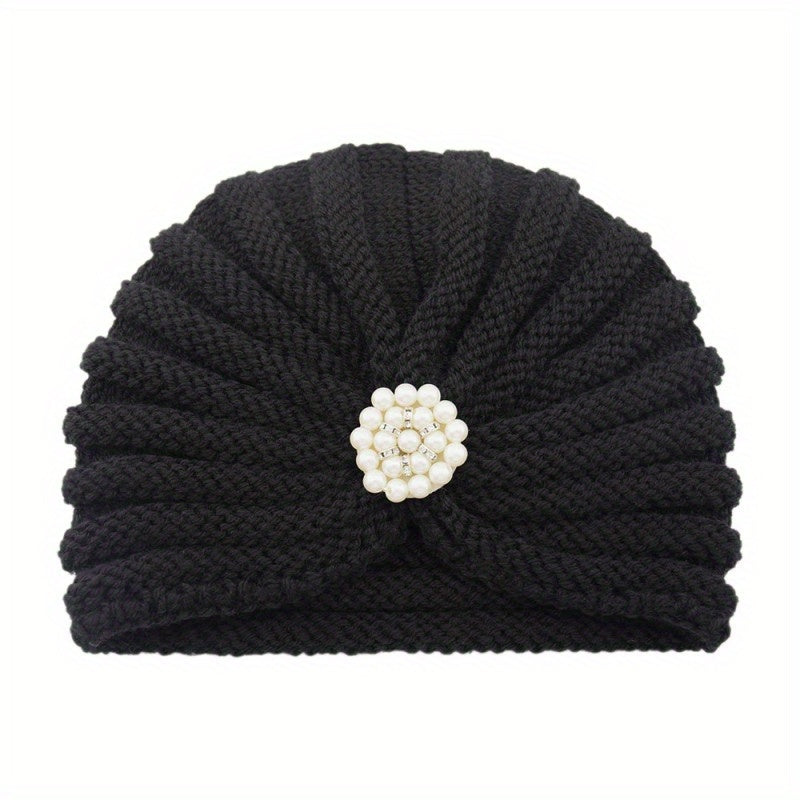Faux Pearl Pleated Turban Cap Knit Head Wrap Beanie Warm Hat Ramadan Hijab Chemo