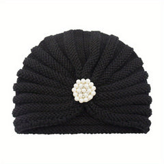 Faux Pearl Pleated Turban Cap Knit Head Wrap Beanie Warm Hat Ramadan Hijab Chemo