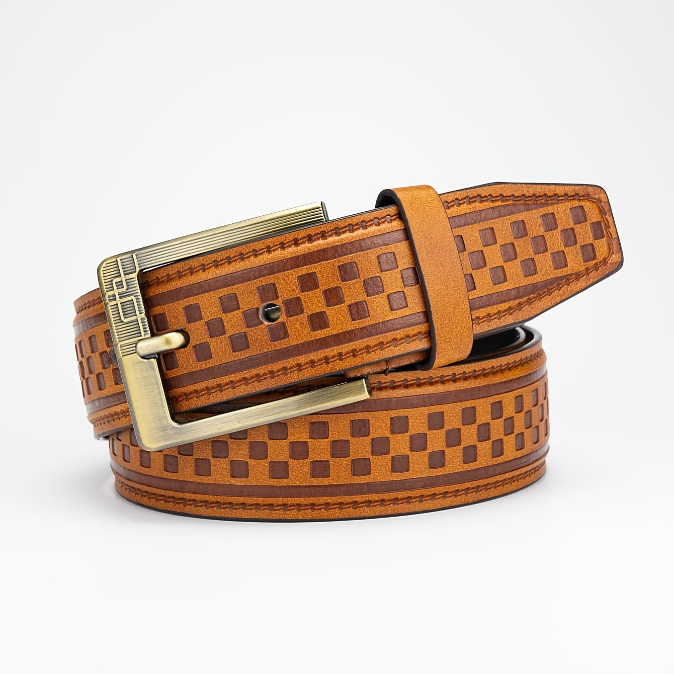 Men's Plaid Embossed Belt with Alloy Pin Buckle