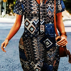 Geometric Print Short Sleeve V Neck Stretch Dress