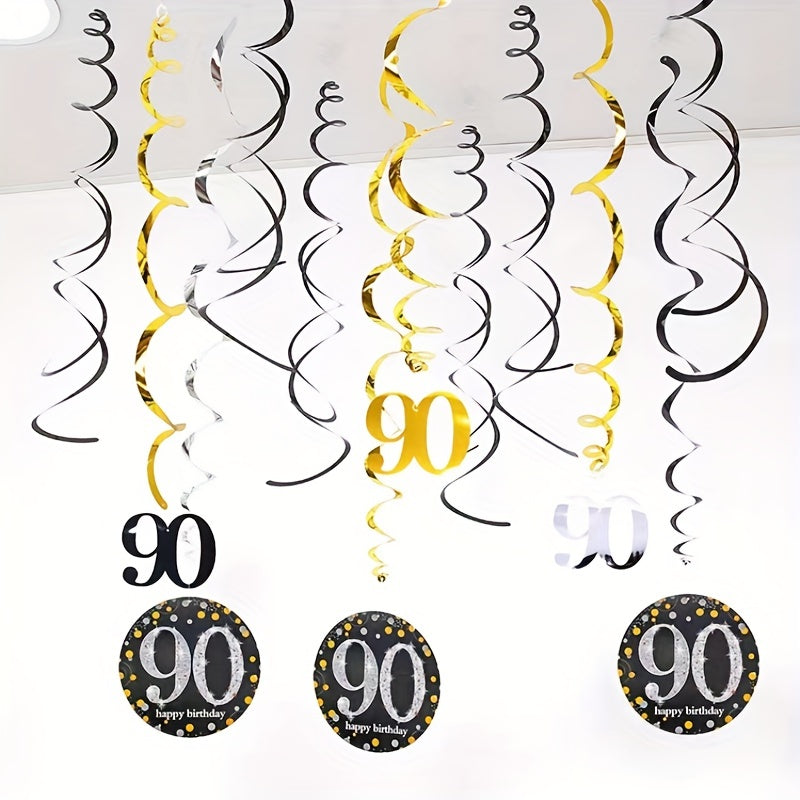 12pcs 90th Birthday Hanging Swirl Decorations - Foil Streamers Ceiling Whirls