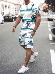 Coconut Tree Print T-shirt & Drawstring Shorts Set for Men