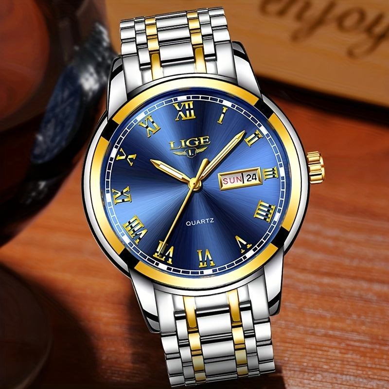 LIGE Men Stainless Steel Golden Watch Waterproof Sports Wrist Watches
