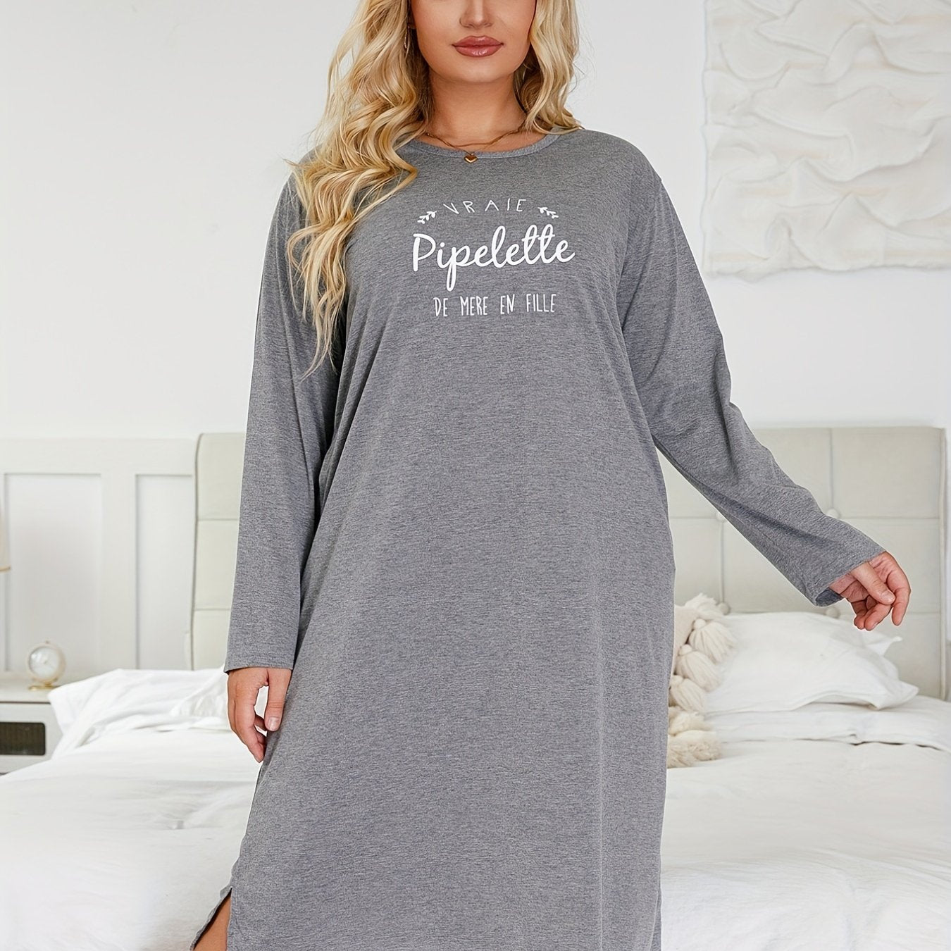 Casual Nightdress Women's Plus Letter Print Long Sleeve