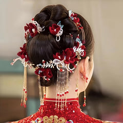 Vintage Red Velvet Flowers Beaded Hairpins Tassel Hair Clips