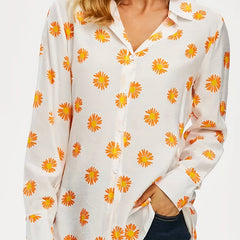 Daisy Print Long Sleeve Button Up Collar Shirt
