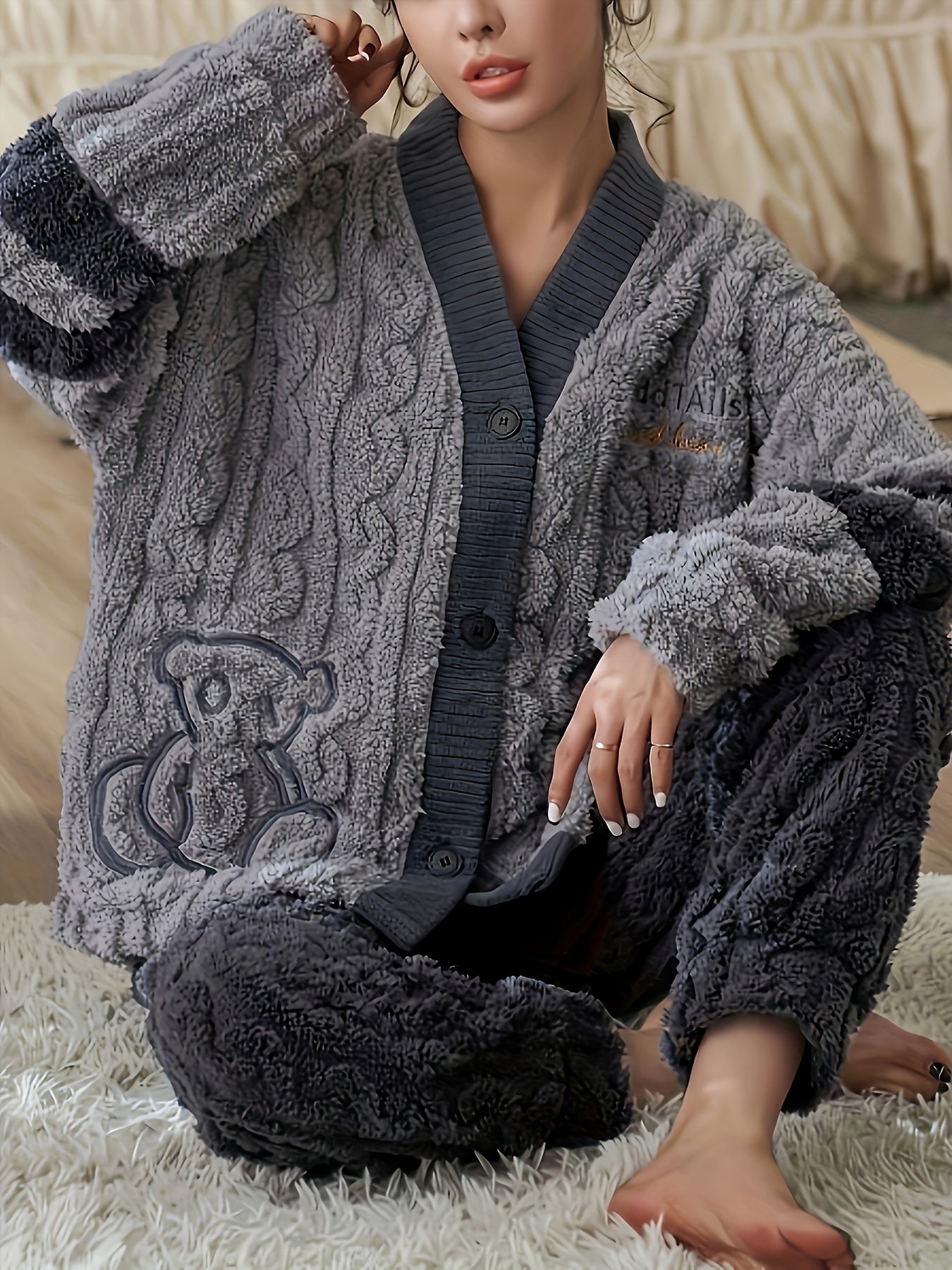 Fuzzy Textured Pajama Set Long Sleeve Women's Sleepwear