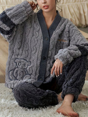 Fuzzy Textured Pajama Set Long Sleeve Women's Sleepwear