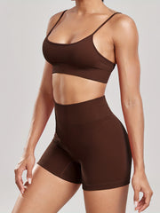Solid Ribbed Yoga Set Sports Bra & High Waist Shorts