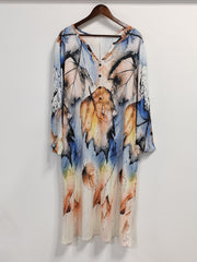 Women's Plus Tie Dye Leaf Print Button Decor Long Sleeve V Neck Dress
