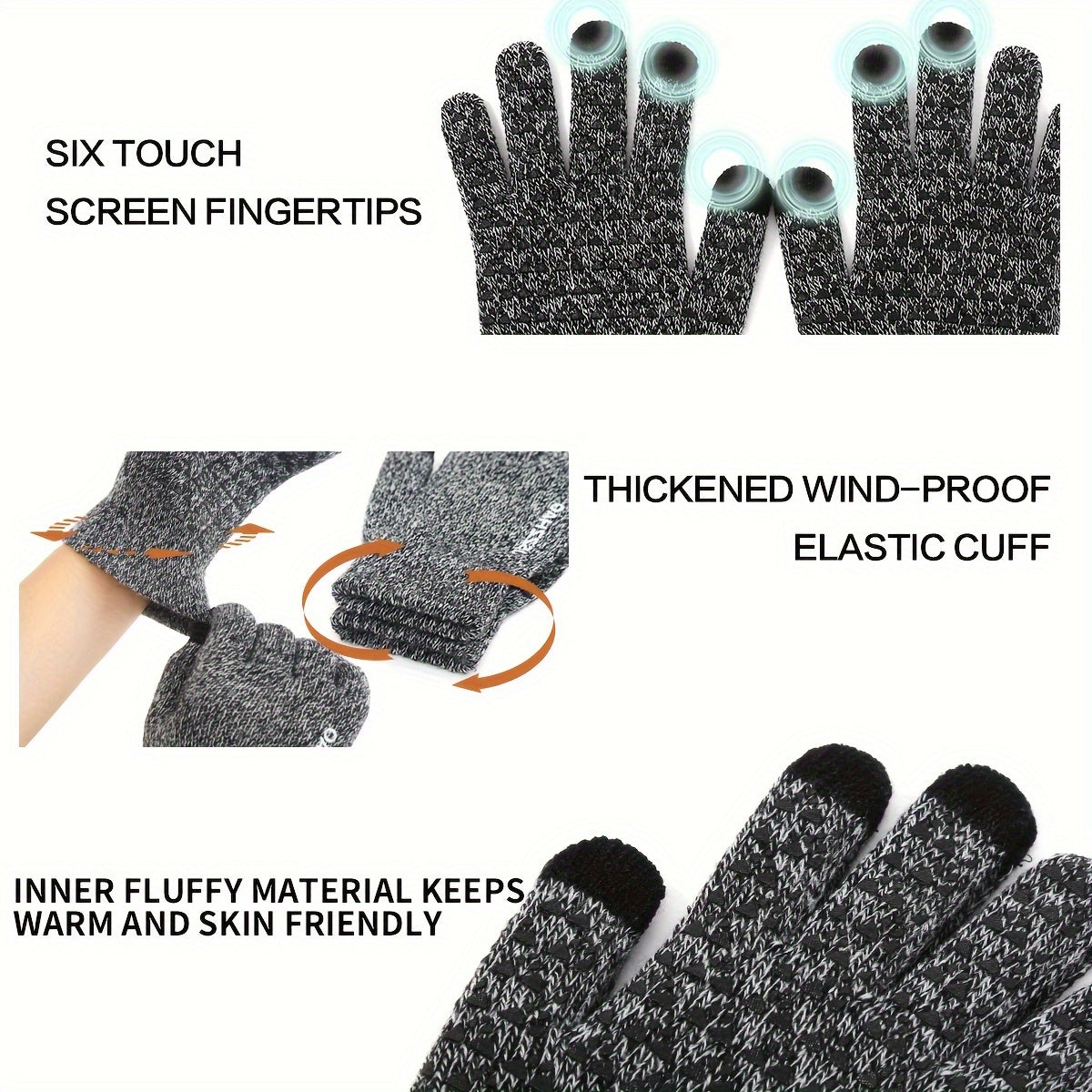 3 Pairs Winter Warm Gloves Touch Screen Knitted Gloves Outdoor Sports Windproof