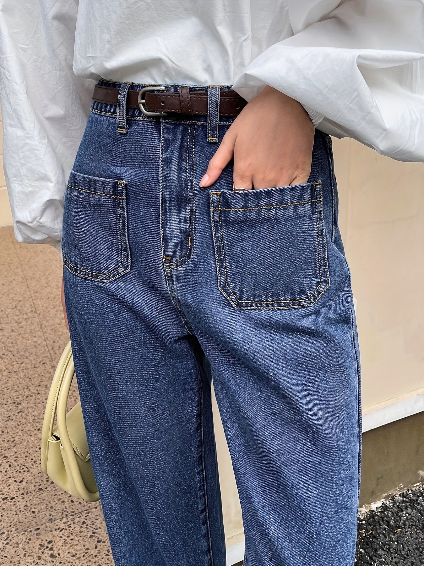 Patch Pockets Straight Jeans Loose Fit Non Stretch Denim Trousers