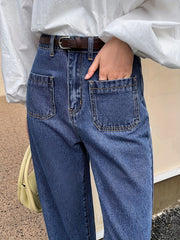 Patch Pockets Straight Jeans Loose Fit Non Stretch Denim Trousers