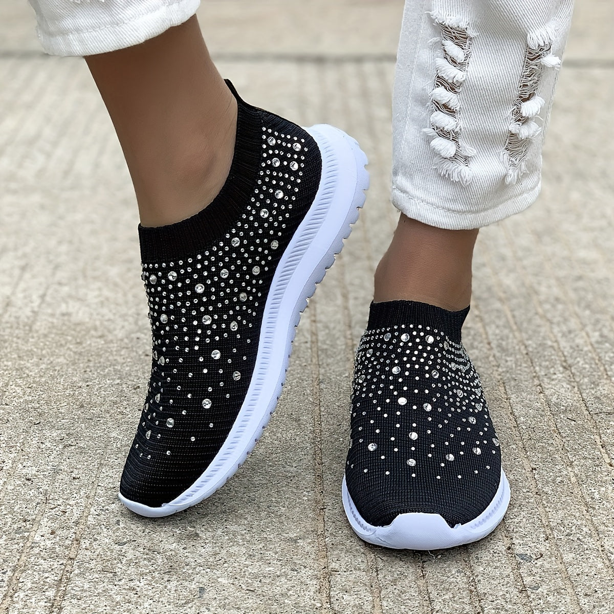 Women's Rhinestone Slip-On Sock Sneakers Low Top Shoes