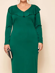 Solid Ruffle Trim V Neck Maxi Dress
